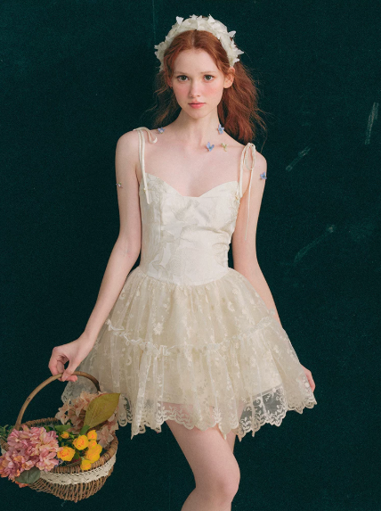 Balletcore White Corset Dress with Lace Trim, Bow Details and Voluminous Skirt R9265