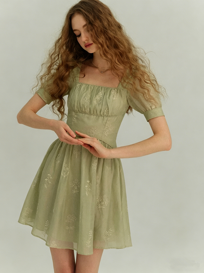 Light Green Floral Embroidered Mini Dress Women With Square Neck And Puff Sleeves R9469
