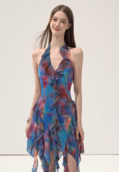 Tie-Dye Halter Neck Mini Dress With Ruffle Trim And Asymmetric Hem R9288
