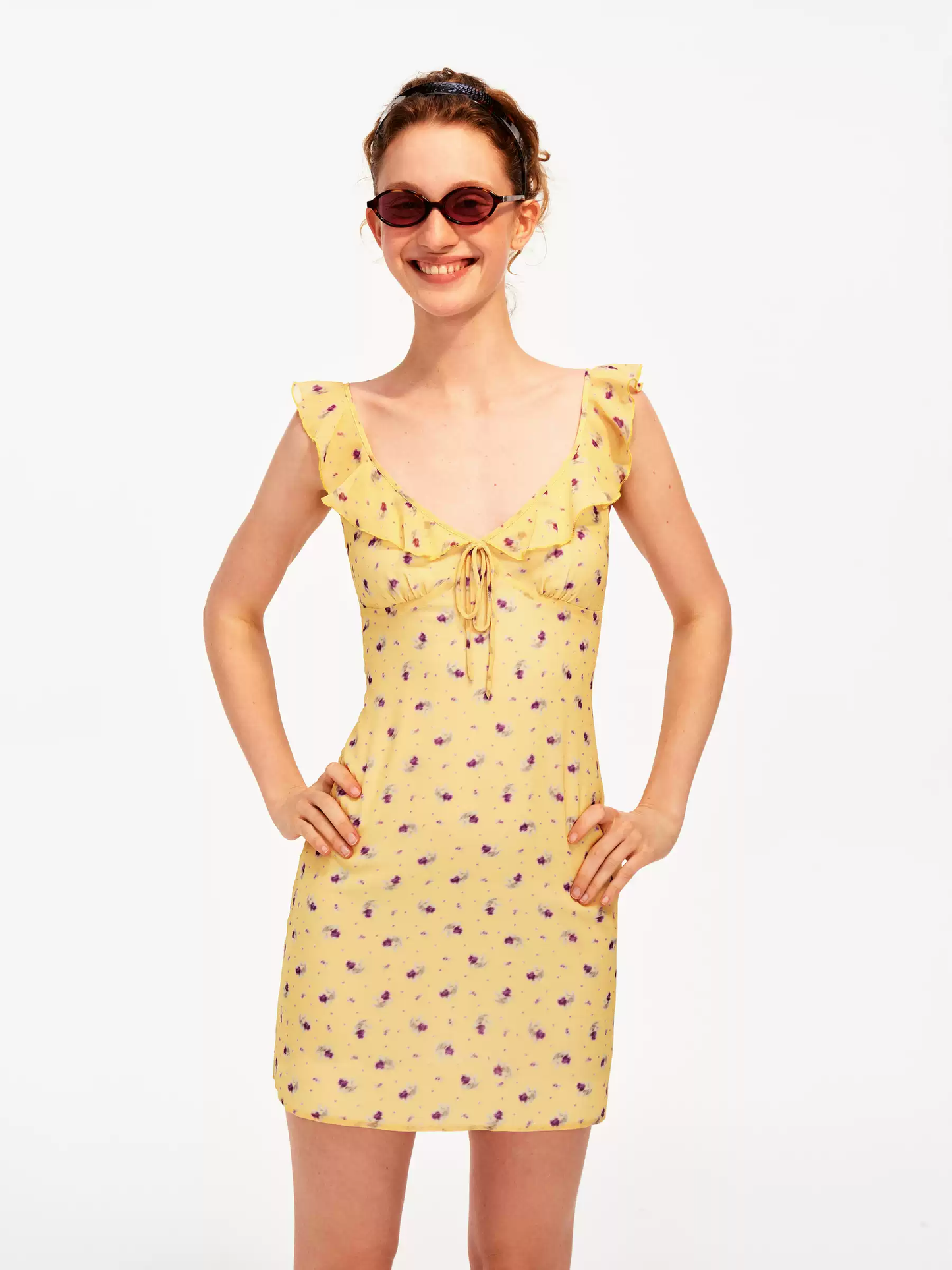 Yellow Floral Ruffle Cami Mini Dress With Bow Detail And Bodycon Fit R9290