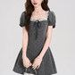 Gray Polka Dot Mini Dress Women With Lace Trim Square Neck And Puff Sleeves R9402