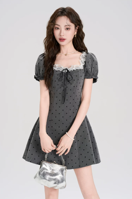 Gray Polka Dot Mini Dress Women With Lace Trim Square Neck And Puff Sleeves R9402