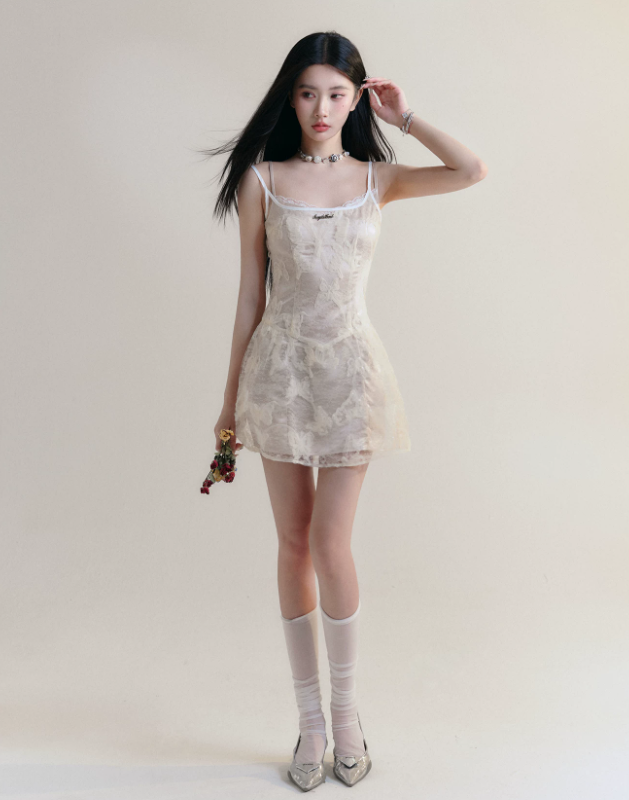 White Lace Butterfly Print Cami Dress Women With Corset Style Bodice R9446