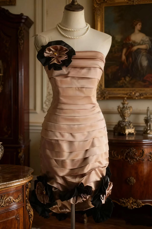 Champagne pink strapless fitted waist slim-fitting three-dimensional floral sexy short ball gown R6726