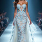 Blue tube top hollow embroidery waist slim hip long skirt, prom dress R5336