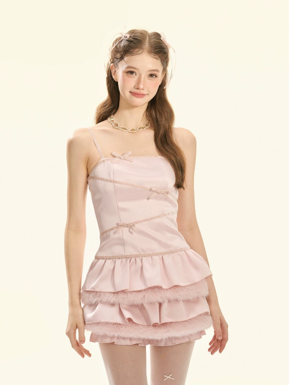 Pink Satin Cami Mini Dress With Bow Detail And Tiered Ruffle Skirt R9294