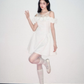 Women French Romantic Style Dress With Sheer Lace Top And Satin Flared Skirt R9415