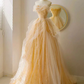 Light yellow strapless, fitted waist, full-length ball gown R8639