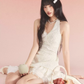 Coquette White Floral Halter Dress with Lace V-Neck, Ruched Front and Layered Ruffle Skirt R9248