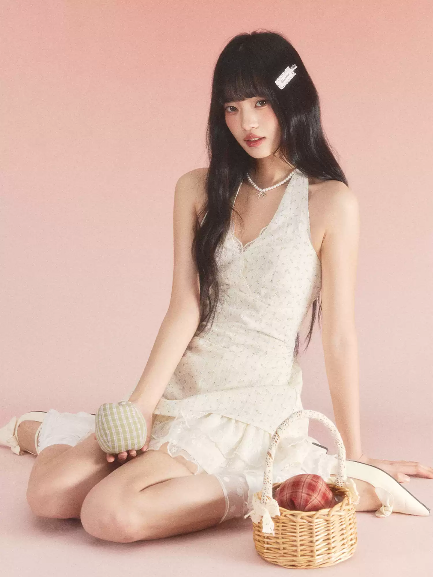 Coquette White Floral Halter Dress with Lace V-Neck, Ruched Front and Layered Ruffle Skirt R9248