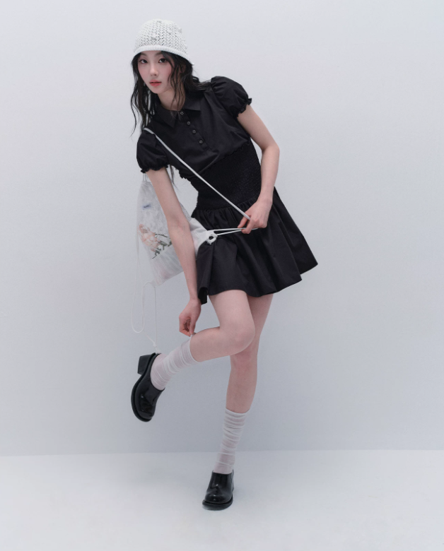 Black Polo Style Mini Dress Women With Puff Sleeves And Smocked Waist R9447