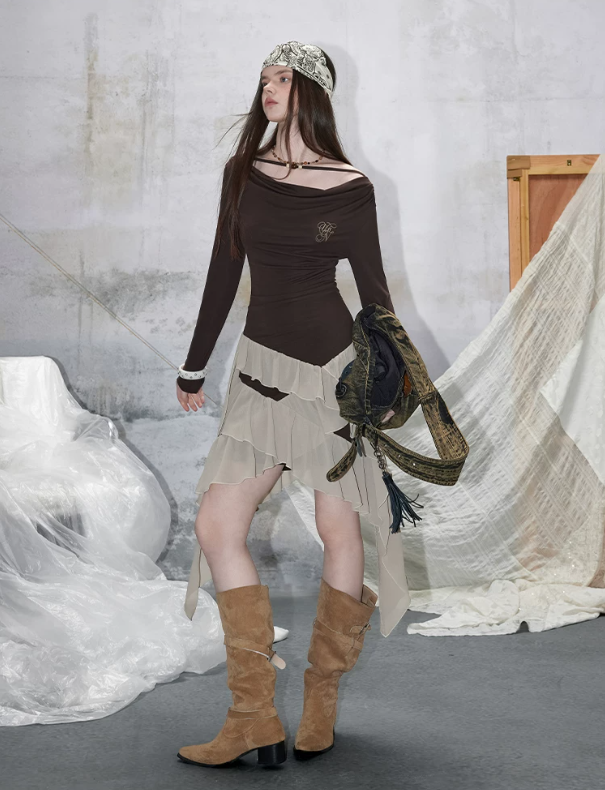 Retro Grunge Style Dress With Ruched Top, Layered Chiffon Skirt And Asymmetric Cutouts R9309