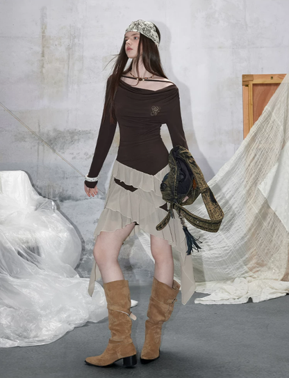 Retro Grunge Style Dress With Ruched Top, Layered Chiffon Skirt And Asymmetric Cutouts R9309
