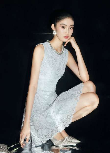 Light Blue Lace Sleeveless Dress with Rhinestone Neckline R9205