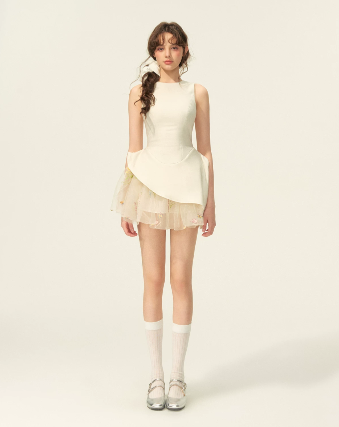 White Sleeveless Peplum Dress with Sheer Embroidered Tulle Underskirt R9220