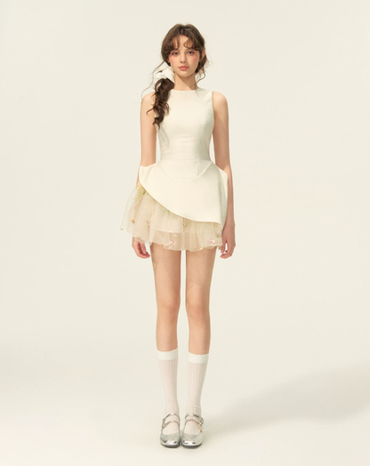 White Sleeveless Peplum Dress with Sheer Embroidered Tulle Underskirt R9220