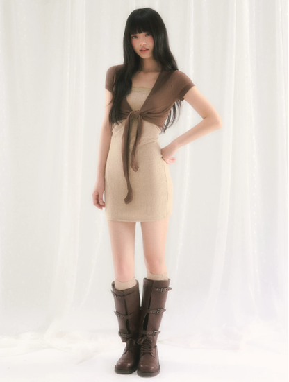 Beige Knit Mini Dress with Brown Tie-Front Shrug Cardigan, 2-Piece Outfit with Ribbed Texture and Fitted Silhouette R9256