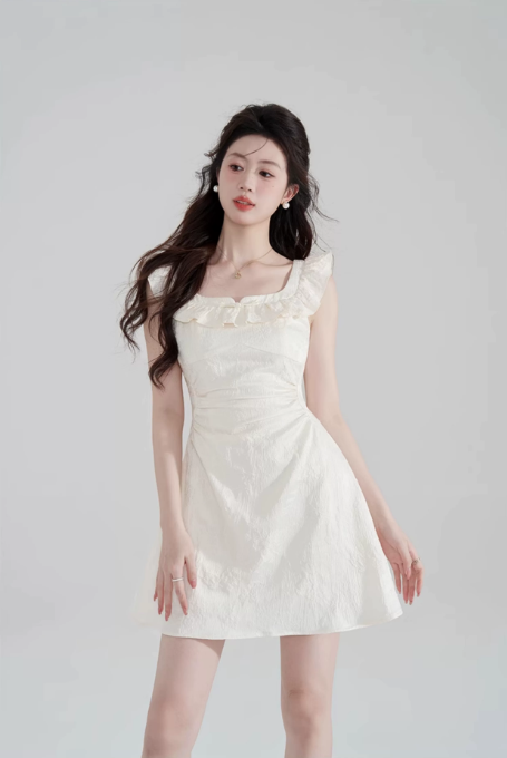Cream White A-Line Dress, Women's Ruffle Neck Textured Sleeveless Mini Dress R9336