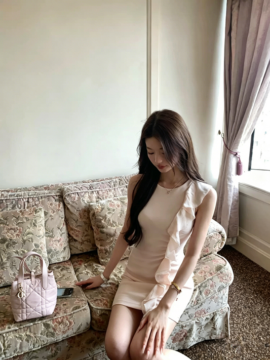 Blush Pink Ruffle Trim Sleeveless Bodycon Dress Women With Side Flounce Detail R9399