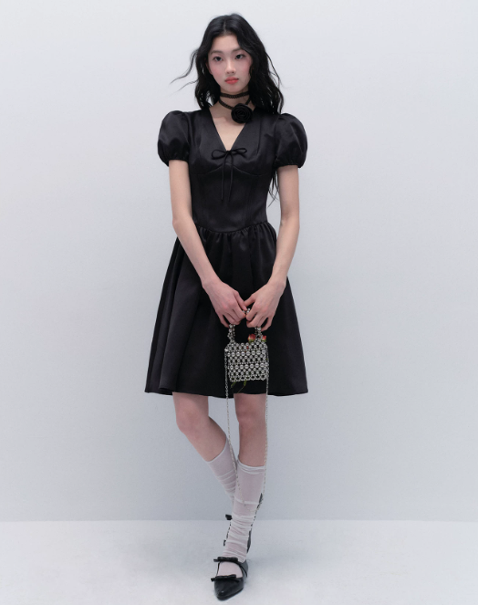 Black Satin V Neck Mini Dress Women With Puff Sleeves And Bow Detail R9437