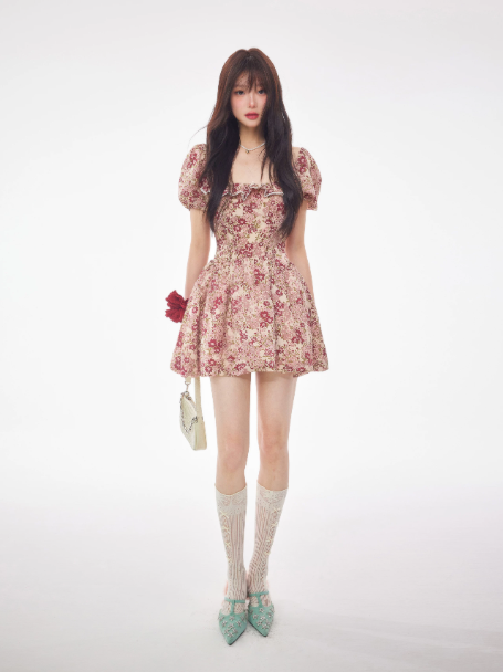 Hot girl floral print puff sleeve backless fitted waist short dress R9374