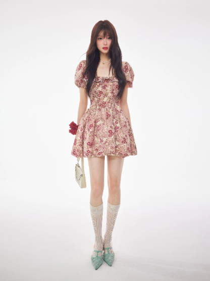Hot girl floral print puff sleeve backless fitted waist short dress R9374
