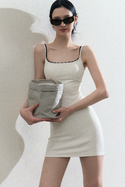 Contrast Edge Lace Cami Dress Women Summer Square Neck High Waist A Line Short Dress R9367