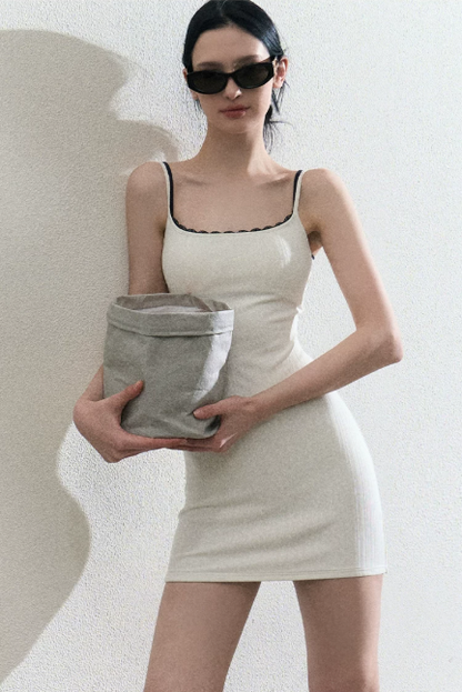 Contrast Edge Lace Cami Dress Women Summer Square Neck High Waist A Line Short Dress R9367