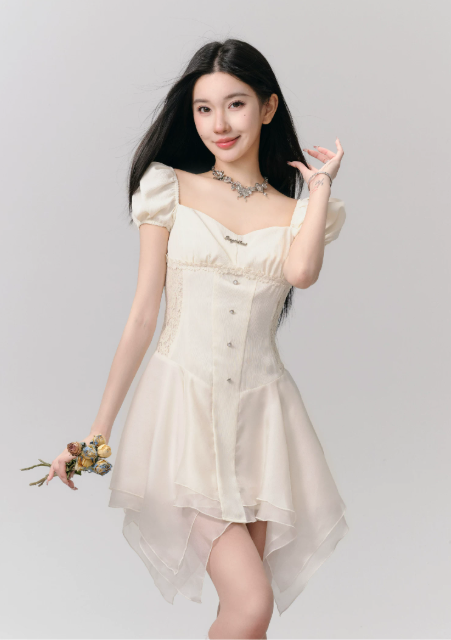 Cream White Corset Style Mini Dress Women With Puff Sleeves And Lace Trim R9442
