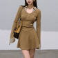 Korean Style Slim Fit Long Sleeve Mini Dress with Plaid Contrast and A-Line Skirt R9368