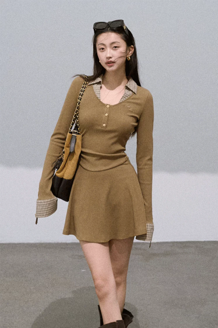 Korean Style Slim Fit Long Sleeve Mini Dress with Plaid Contrast and A-Line Skirt R9368