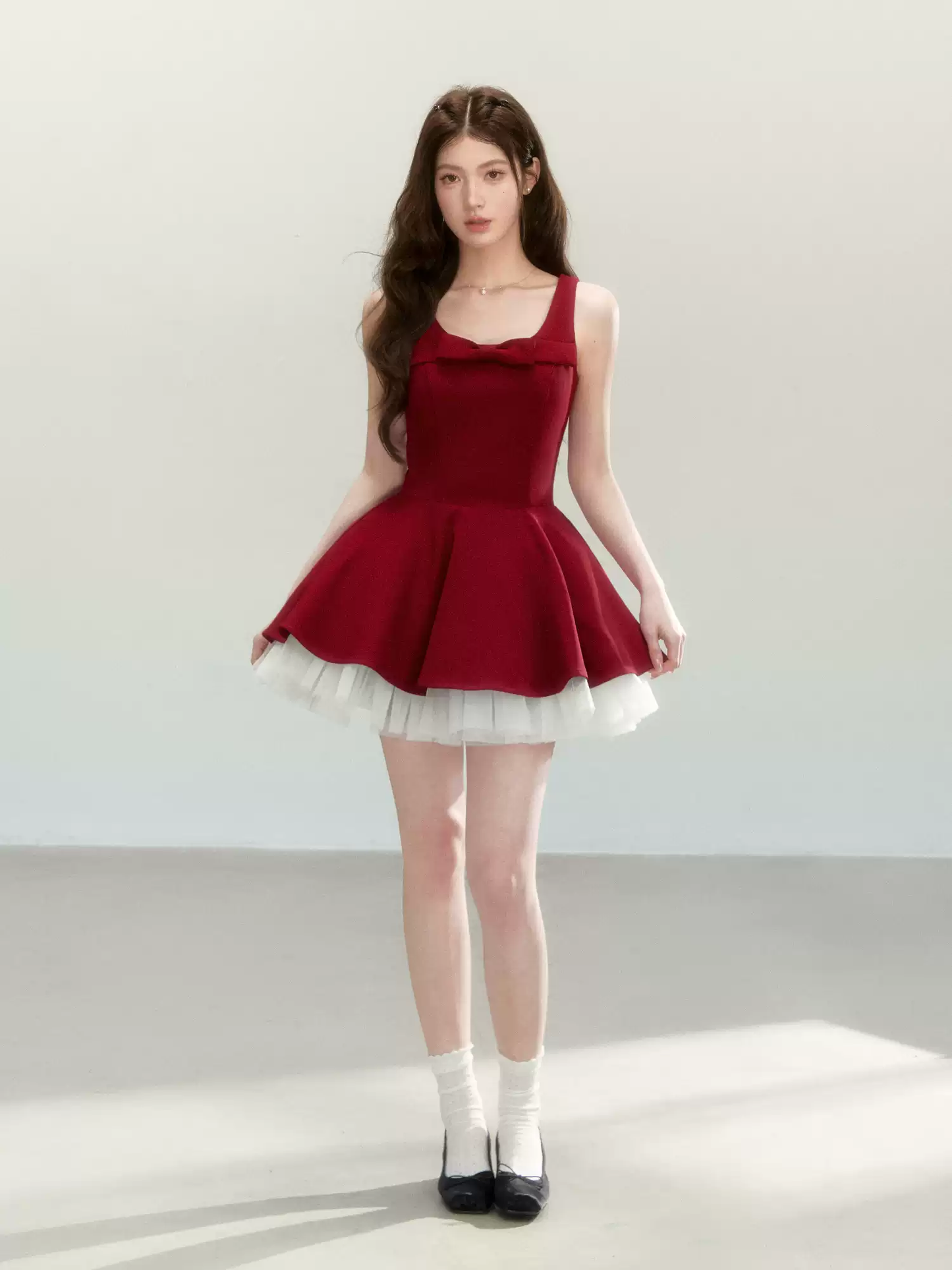 Red Sleeveless Dress with Bow Detail, Flared Skirt and Tulle Underskirt R9222
