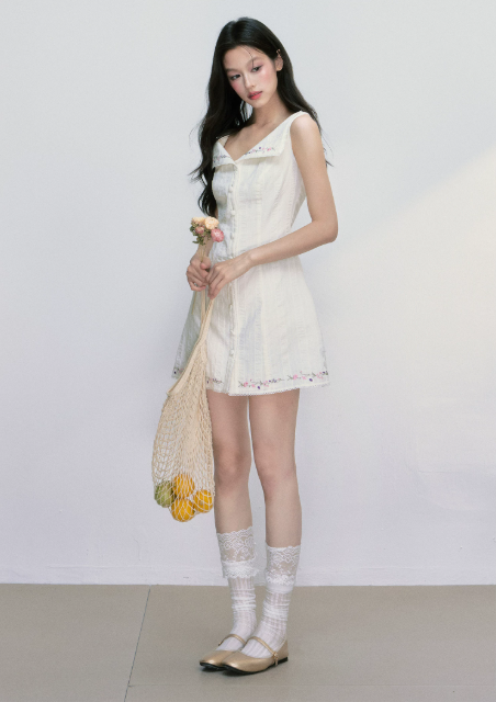 White Cotton Textured Sleeveless Mini Dress Women With Floral Embroidery Trim R9404