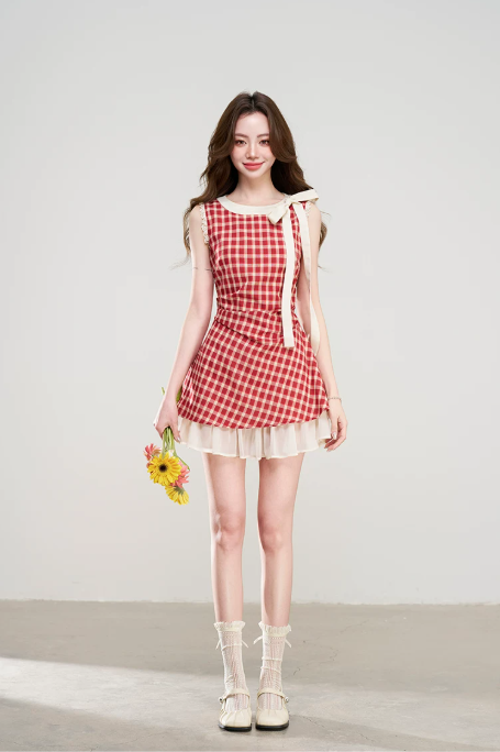 2026 Summer New Red Gingham Dress With Bow Neck And Chiffon Underlayer R9401