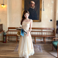 Solid color long mesh square neck suspender dress summer French style temperament skirt R4871