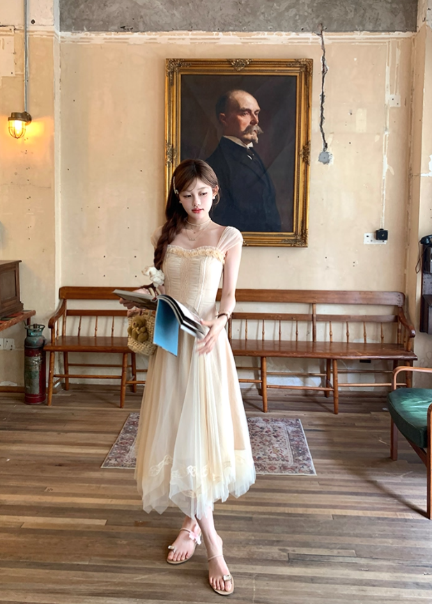 Solid color long mesh square neck suspender dress summer French style temperament skirt R4871