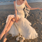 French style white suspenders beautiful small skirt seaside holiday dress fairy skirt R1605