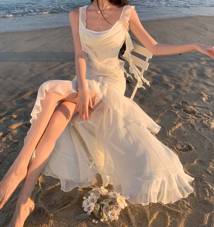 French style white suspenders beautiful small skirt seaside holiday dress fairy skirt R1605