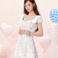 Petal Neck Waist Short Sleeve Cotton Printed Polka Dot Dress R5255