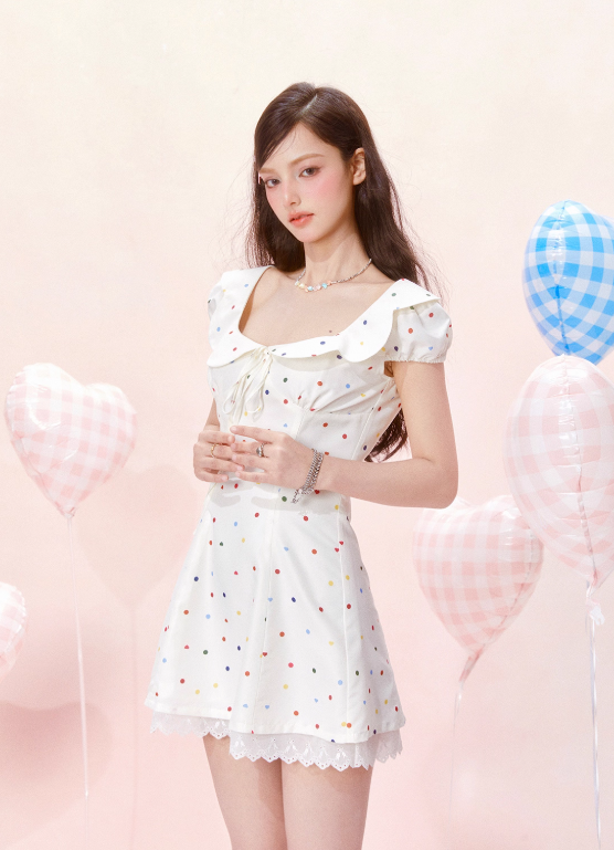 Petal Neck Waist Short Sleeve Cotton Printed Polka Dot Dress R5255