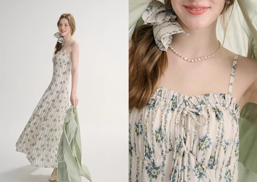 French floral suspender dress tea break small fresh sleeveless long dress R2691