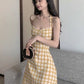 Yellow checkered halter neck waist A-line slim short skirt homecoming dress R3228