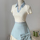 Blue and white irregular skirt polo collar slim-fitting A-line skirt homecoming dress R2536