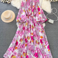 Fashion lantern long sleeve round neck waist a-line print irregular dress elegant long skirt R0404