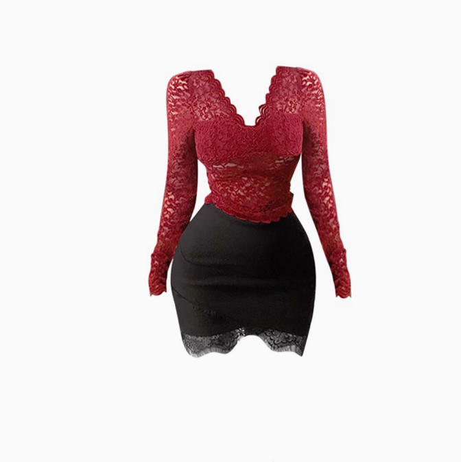 Sexy Royal Sister Style V-neck Lace Top 2025 Large Size Pure Desire Hip Skirt Suit R1240