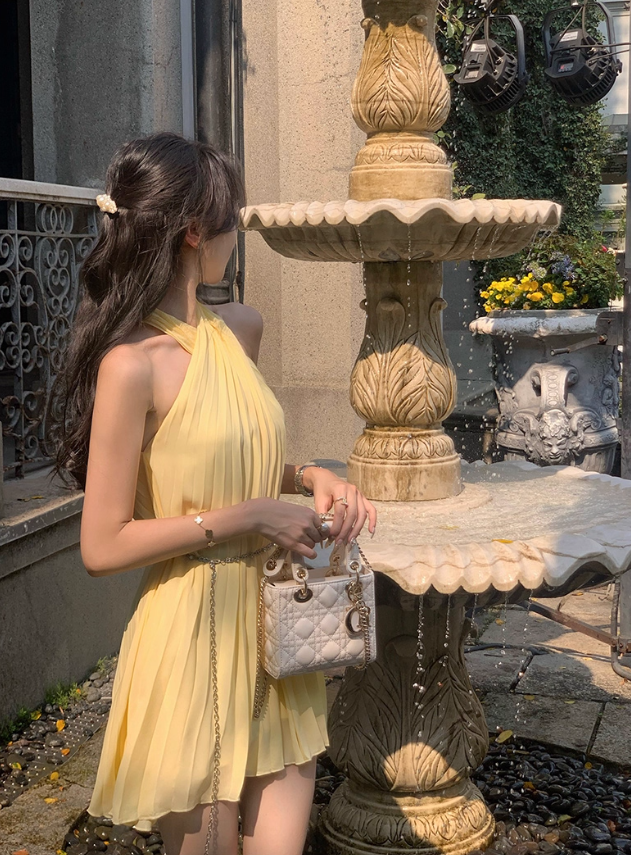 French yellow dress for women in summer pure desire style temperament waist slimming princess short skirt R4300