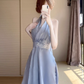 Blue V-neck halter dress for women French gentle temperament holiday style waist A-line long skirt R0427
