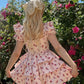 Pink Floral Puff Sleeve Waist A-Line Cake Skirt Homecoming Dress R4000