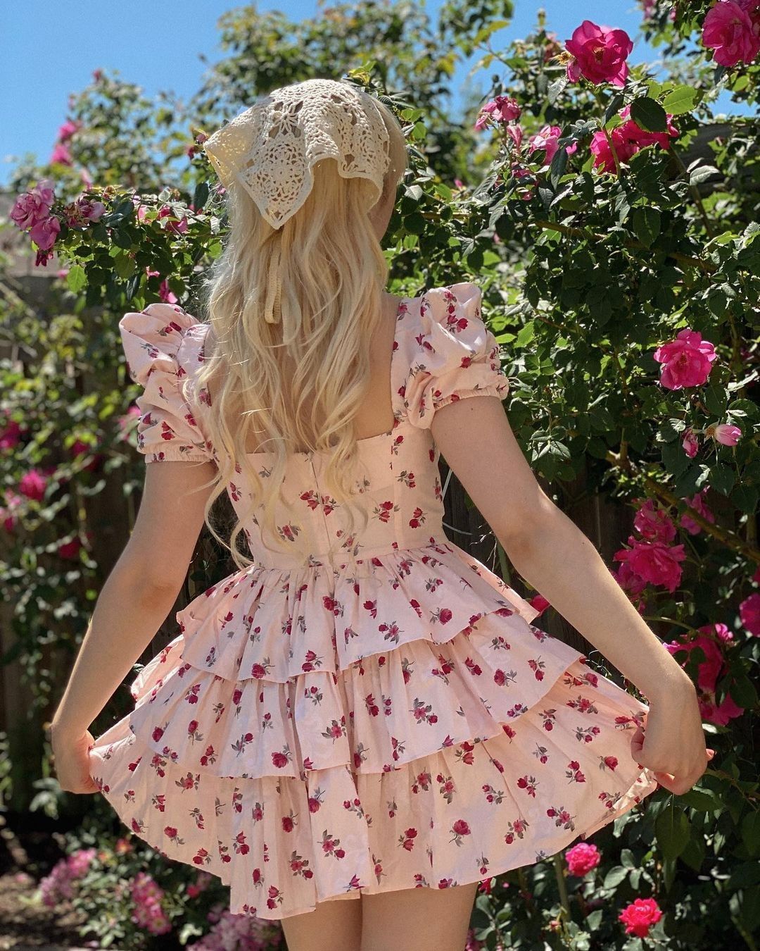 Pink Floral Puff Sleeve Waist A-Line Cake Skirt Homecoming Dress R4000