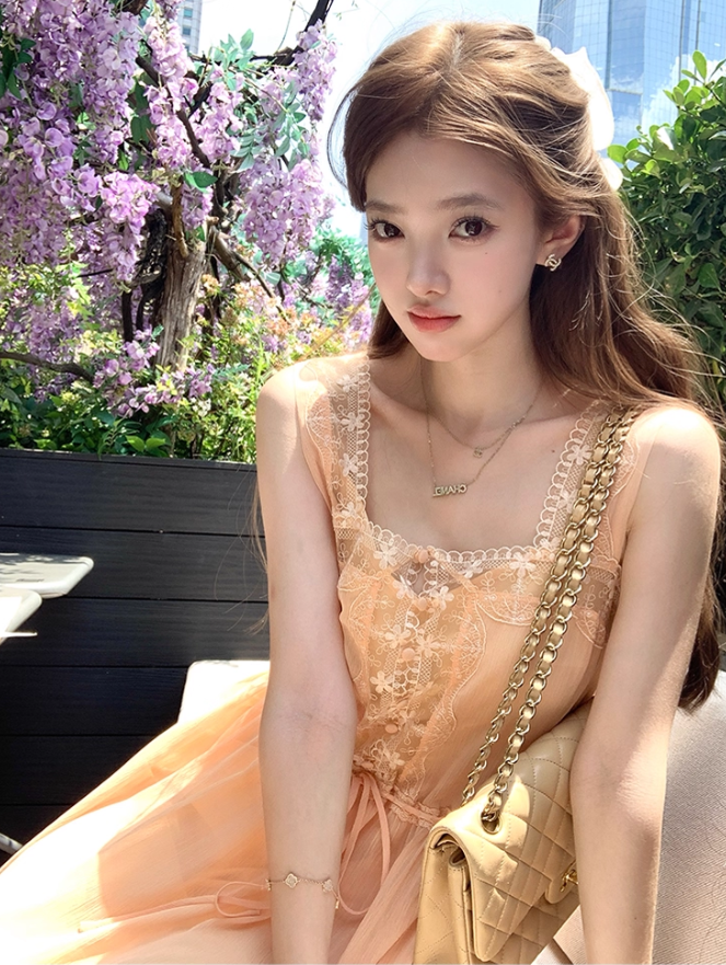 Solid color square neck lace suspender dress summer French retro temperament loose slim skirt R4663